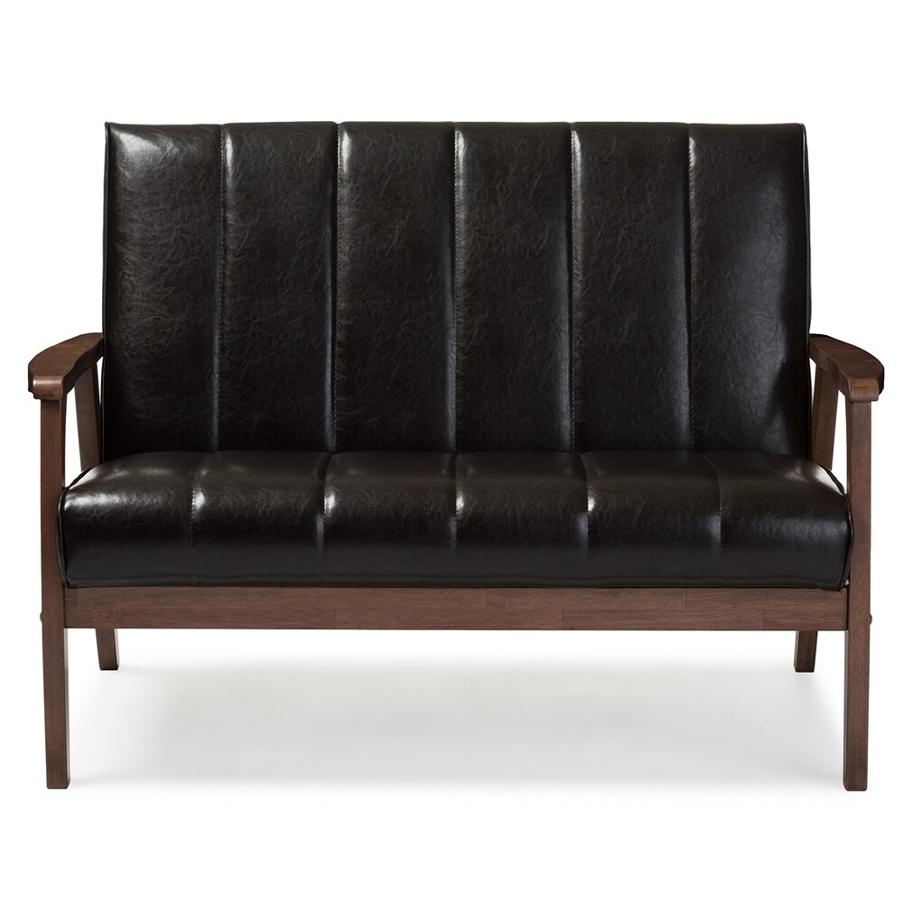 BAXTON STUDIO NIKKO MID-CENTURY MODERN SCANDINAVIAN STYLE DARK BROWN FAUX LEATHER WOODEN 2-SEATER LOVESEAT