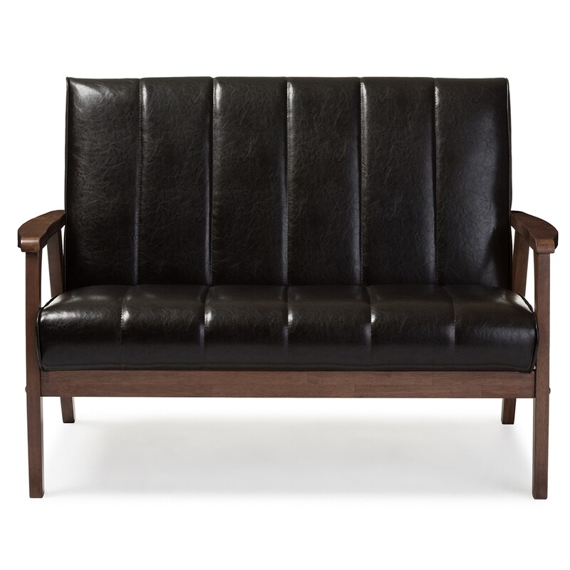 BAXTON STUDIO NIKKO MID-CENTURY MODERN SCANDINAVIAN STYLE DARK BROWN FAUX LEATHER WOODEN 2-SEATER LOVESEAT