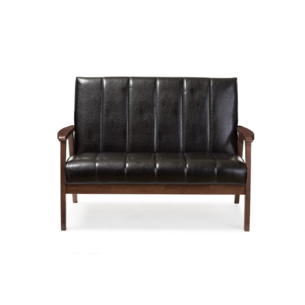 BAXTON STUDIO NIKKO MID-CENTURY MODERN SCANDINAVIAN STYLE BLACK FAUX LEATHER WOODEN 2-SEATER LOVESEAT