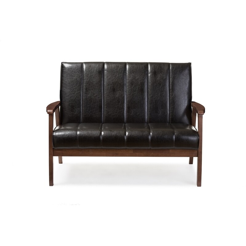 BAXTON STUDIO NIKKO MID-CENTURY MODERN SCANDINAVIAN STYLE BLACK FAUX LEATHER WOODEN 2-SEATER LOVESEAT