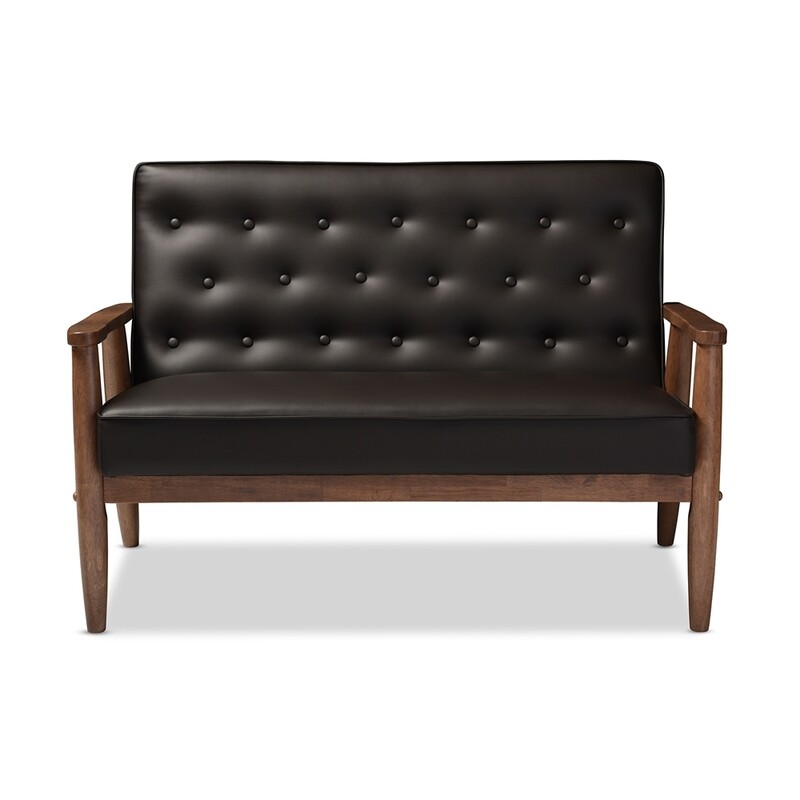 BAXTON STUDIO SORRENTO MID-CENTURY RETRO MODERN BROWN FAUX LEATHER UPHOLSTERED WOODEN 2-SEATER LOVESEAT