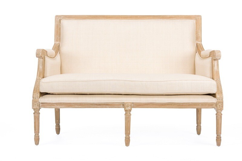 BAXTON STUDIO CHAVANON WOOD & LIGHT BEIGE LINEN TRADITIONAL FRENCH LOVESEAT