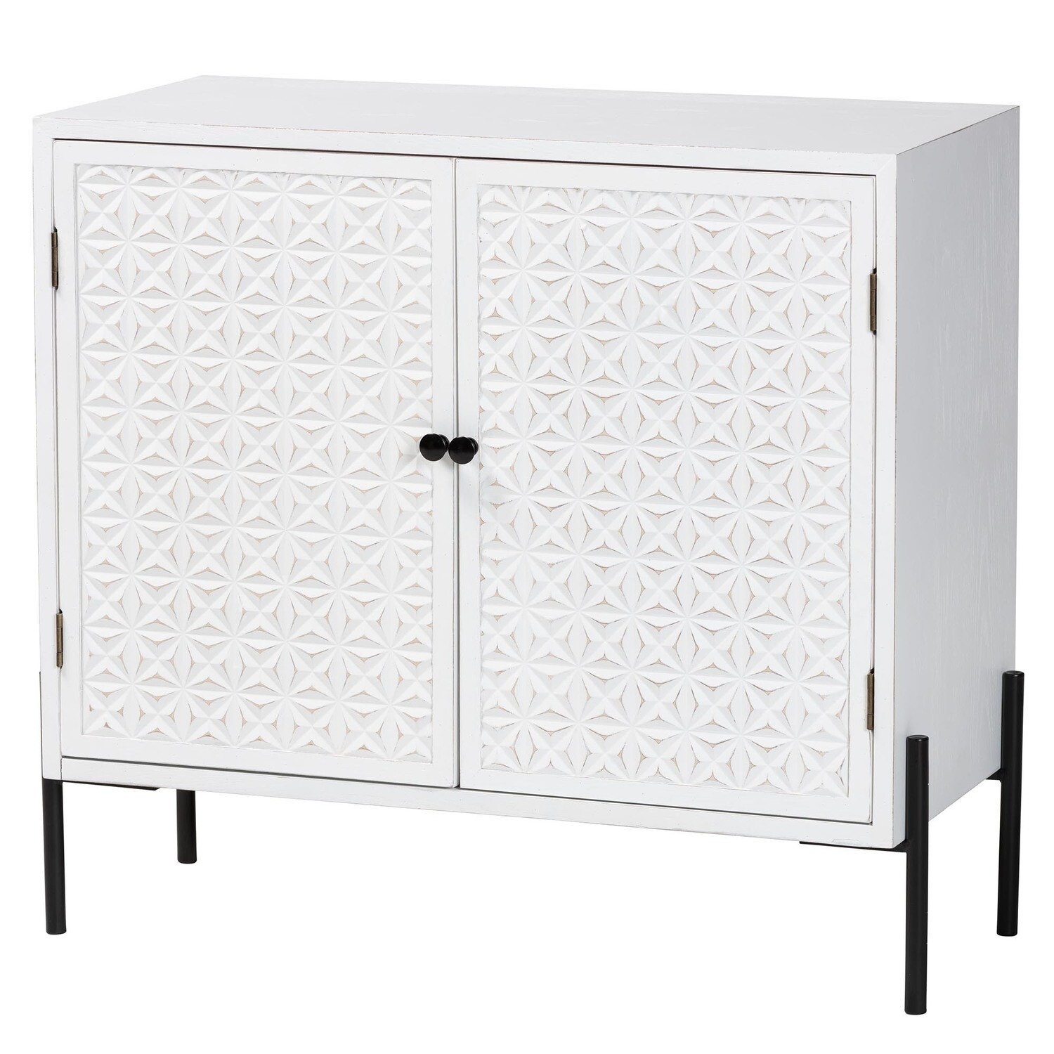 BAXTON STUDIO NEFELI MID-CENTURY TRANSITIONAL WHITE FINISHED WOOD AND BLACK METAL 2-DOOR STORAGE CABINET