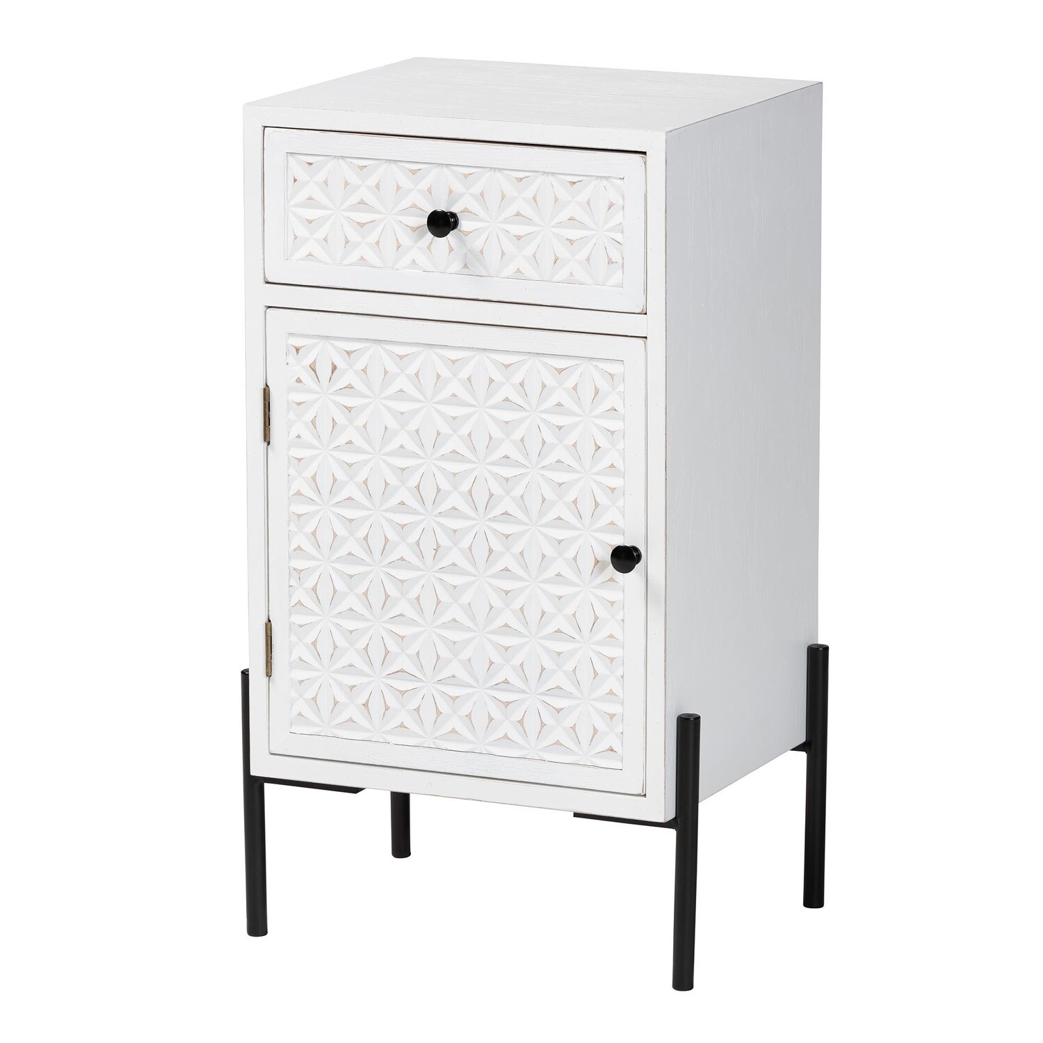 BAXTON STUDIO NEFELI MID-CENTURY TRANSITIONAL WHITE FINISHED WOOD AND BLACK METAL 1-DRAWER STORAGE CABINET
