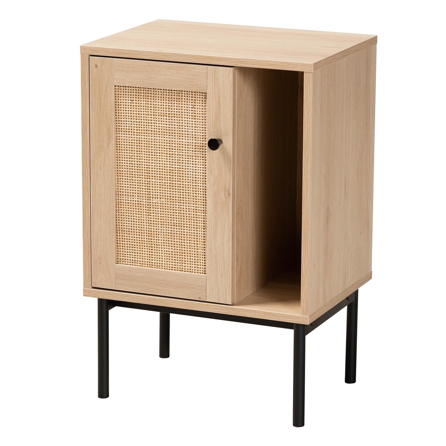 BAXTON STUDIO SHERWIN MID-CENTURY MODERN LIGHT BROWN AND BLACK 1-DOOR CABINET WITH WOVEN RATTAN ACCENT