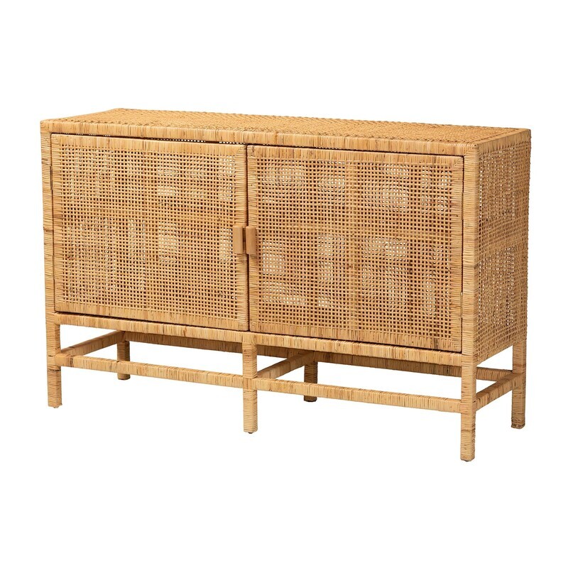 BALI & PARI VIVAN MODERN BOHEMIAN NATURAL BROWN RATTAN AND MAHOGANY WOOD STORAGE CABINET