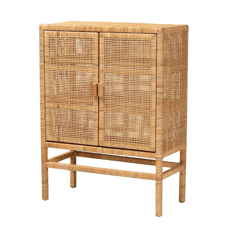 BALI & PARI VIVAN MODERN BOHEMIAN NATURAL BROWN RATTAN AND MAHOGANY WOOD 3-SHELF STORAGE CABINET