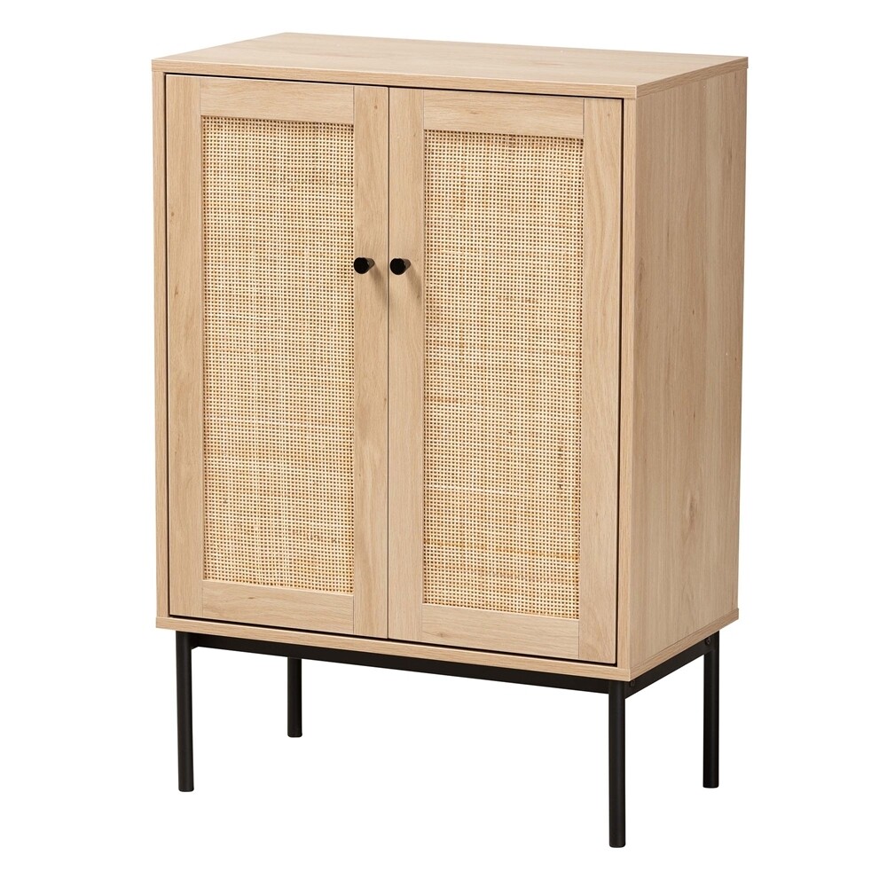 BAXTON STUDIO SHERWIN MID-CENTURY MODERN LIGHT BROWN AND BLACK 2-DOOR STORAGE CABINET WITH WOVEN RATTAN ACCENT
