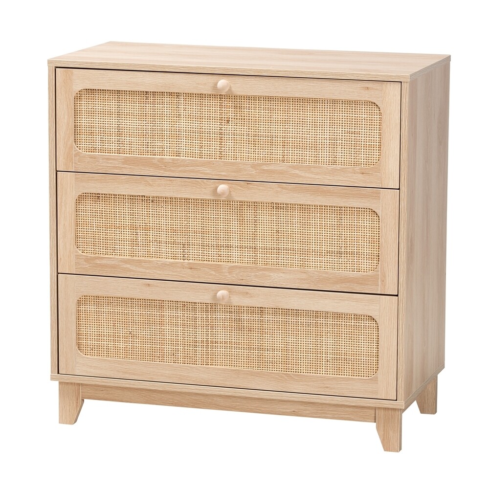 BAXTON STUDIO ELSBETH JAPANDI OAK BROWN FINISHED WOOD AND NATURAL RATTAN 3-DRAWER STORAGE CABINET