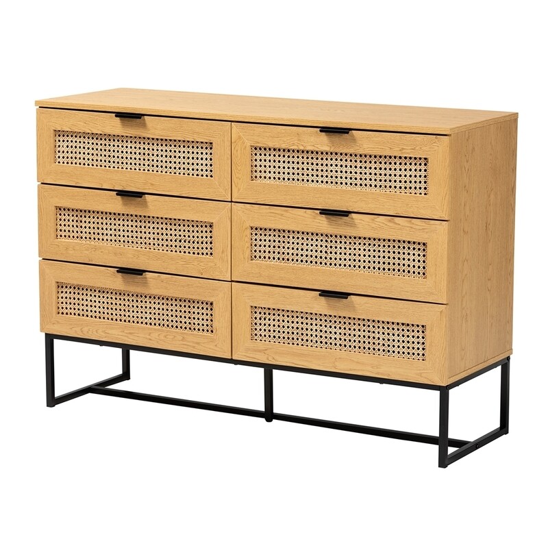 BAXTON STUDIO SAWYER MID-CENTURY MODERN INDUSTRIAL OAK BROWN FINISHED WOOD AND BLACK METAL 6-DRAWER STORAGE CABINET WITH NATURAL RATTAN BAXTON STUDIO SAWYER MID-CENTURY MODERN INDUSTRIAL OAK BROWN FINISHED WOOD AND BLACK METAL 6-DRAWER STORAGE CABINET WITH NATURAL RATTAN