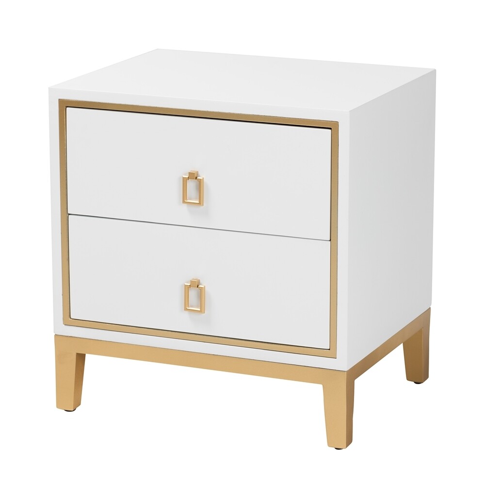 BAXTON STUDIO DONALD MODERN GLAM AND LUXE WHITE FINISHED WOOD AND GOLD METAL 2-DRAWER END TABLE
