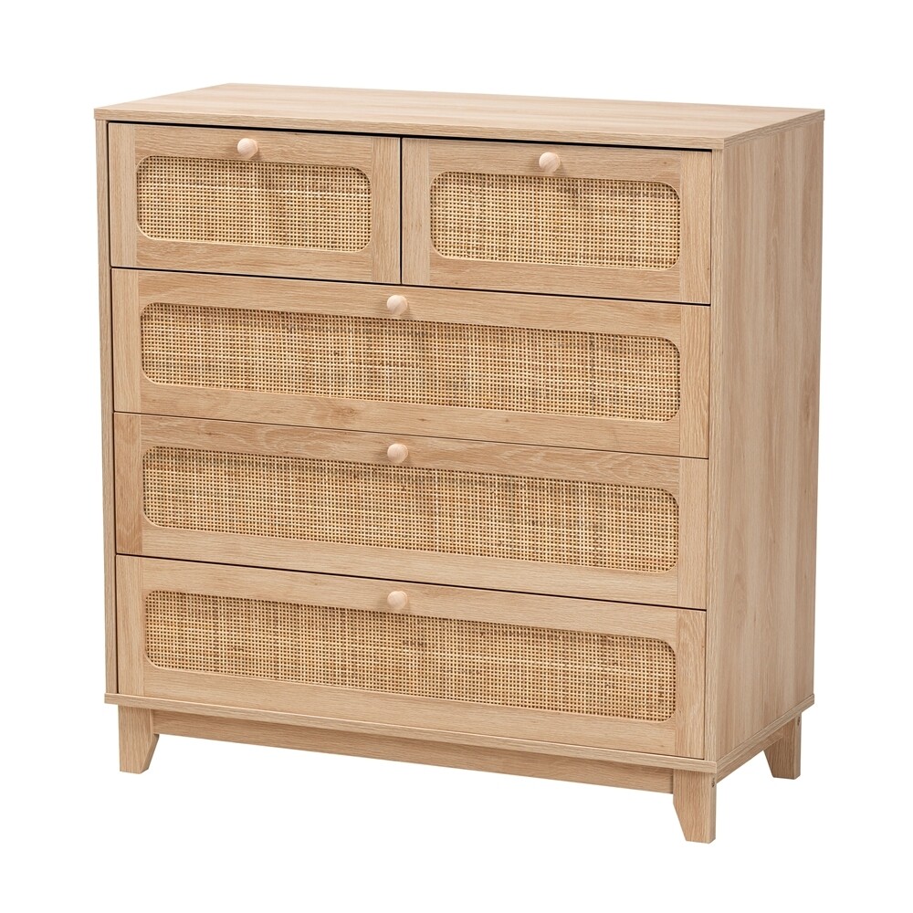 BAXTON STUDIO ELSBETH MID-CENTURY MODERN OAK BROWN FINISHED WOOD AND NATURAL RATTAN 5-DRAWER STORAGE CABINET