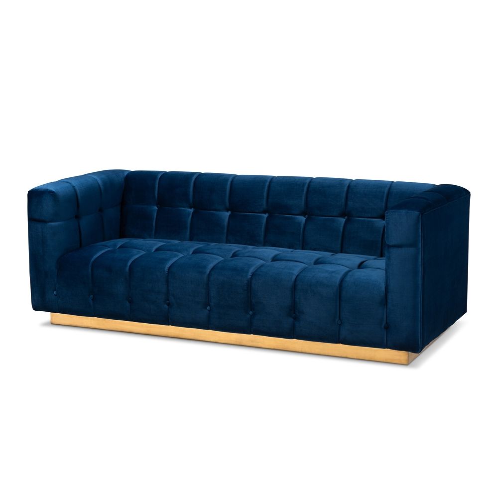 BAXTON STUDIO LORETO GLAM AND LUXE NAVY BLUE VELVET FABRIC UPHOLSTERED BRUSHED GOLD FINISHED SOFA
