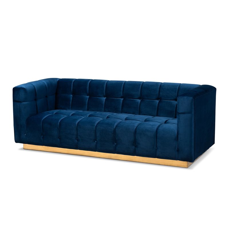 BAXTON STUDIO LORETO GLAM AND LUXE NAVY BLUE VELVET FABRIC UPHOLSTERED BRUSHED GOLD FINISHED SOFA