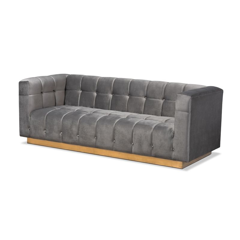 BAXTON STUDIO LORETO GLAM AND LUXE GREY VELVET FABRIC UPHOLSTERED BRUSHED GOLD FINISHED SOFA