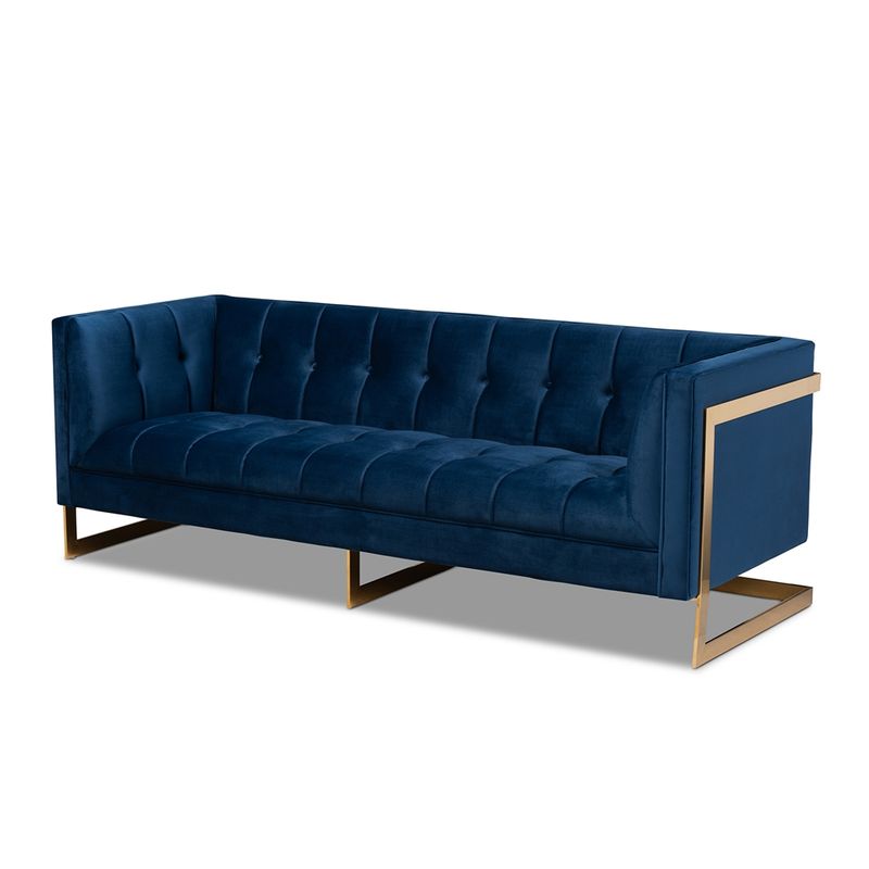 BAXTON STUDIO AMBRA GLAM AND LUXE NAVY BLUE VELVET FABRIC UPHOLSTERED AND BUTTON TUFTED GOLD SOFA WITH GOLD-TONE FRAME