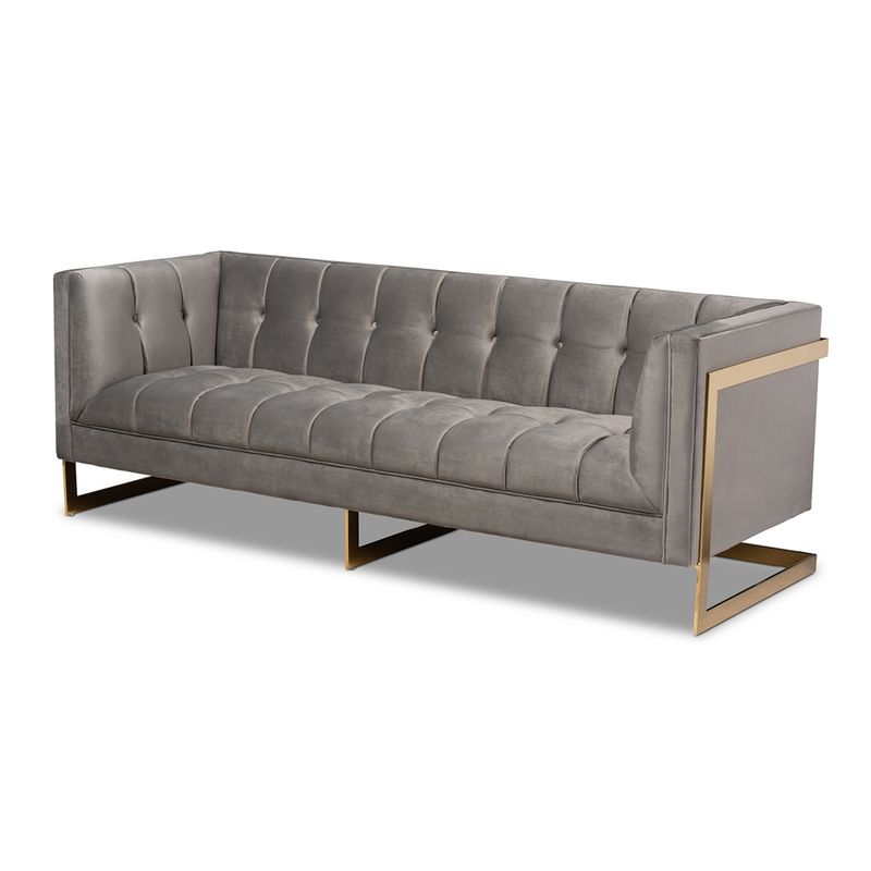 BAXTON STUDIO AMBRA GLAM AND LUXE GREY VELVET FABRIC UPHOLSTERED AND BUTTON TUFTED SOFA WITH GOLD-TONE FRAME