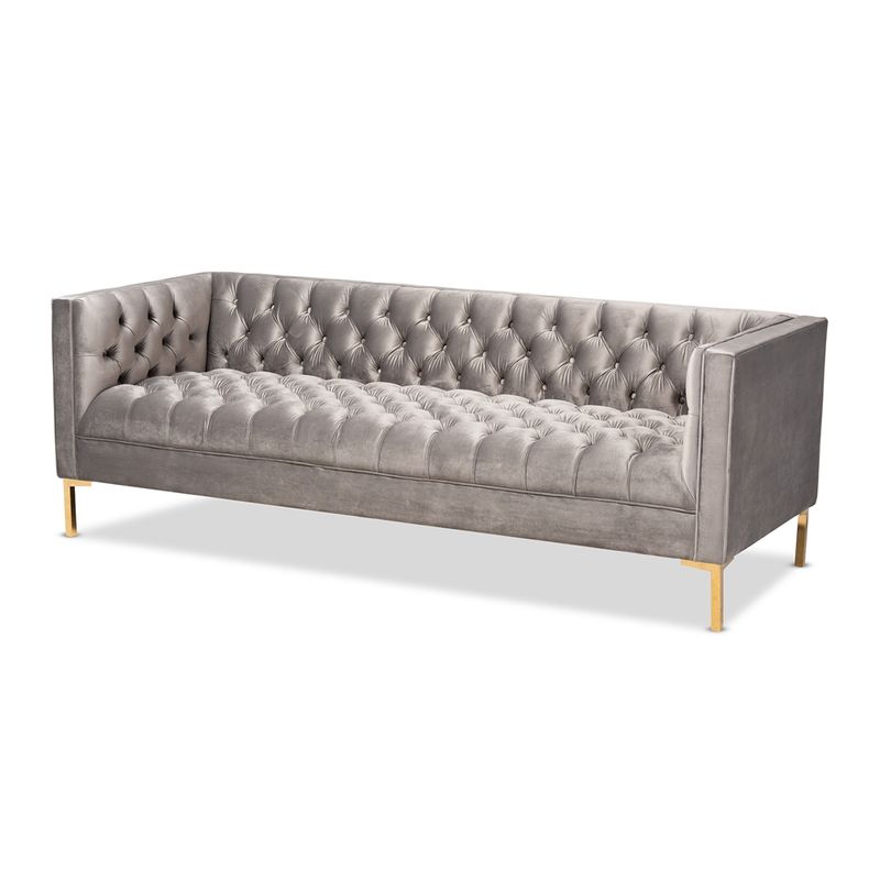 BAXTON STUDIO ZANETTA GLAM AND LUXE GRAY VELVET UPHOLSTERED GOLD FINISHED SOFA