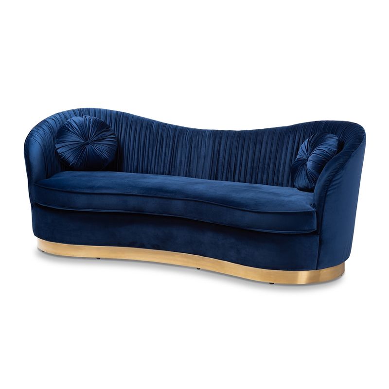 BAXTON STUDIO NEVENA GLAM ROYAL BLUE VELVET FABRIC UPHOLSTERED GOLD-FINISHED SOFA