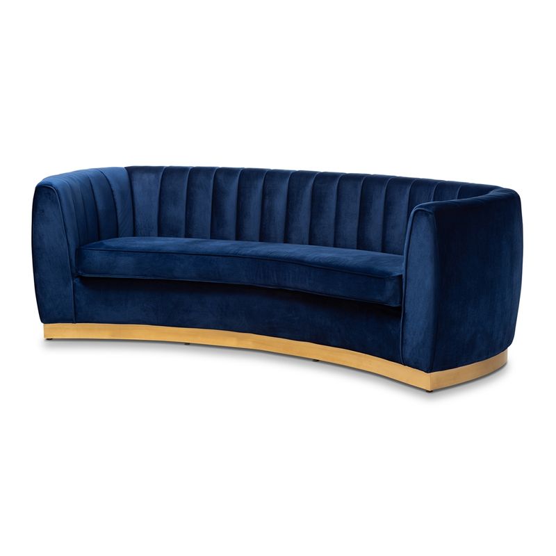 BAXTON STUDIO MILENA GLAM ROYAL BLUE VELVET FABRIC UPHOLSTERED GOLD-FINISHED SOFA