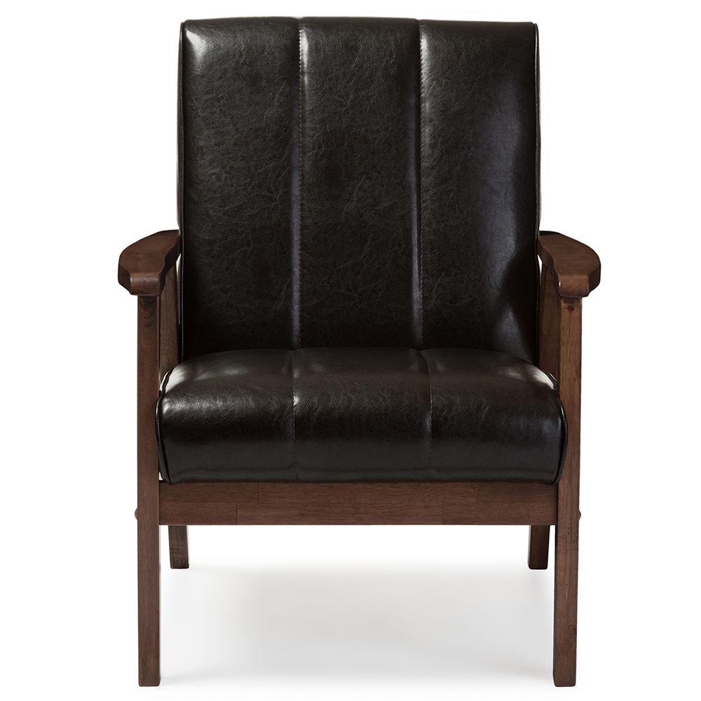 BAXTON STUDIO NIKKO MID-CENTURY MODERN SCANDINAVIAN STYLE DARK BROWN FAUX LEATHER 3 PIECES LIVING ROOM SETS