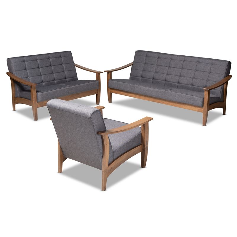 BAXTON STUDIO LARSEN MID-CENTURY MODERN GRAY FABRIC UPHOLSTERED WALNUT WOOD 3-PIECE LIVING ROOM SET