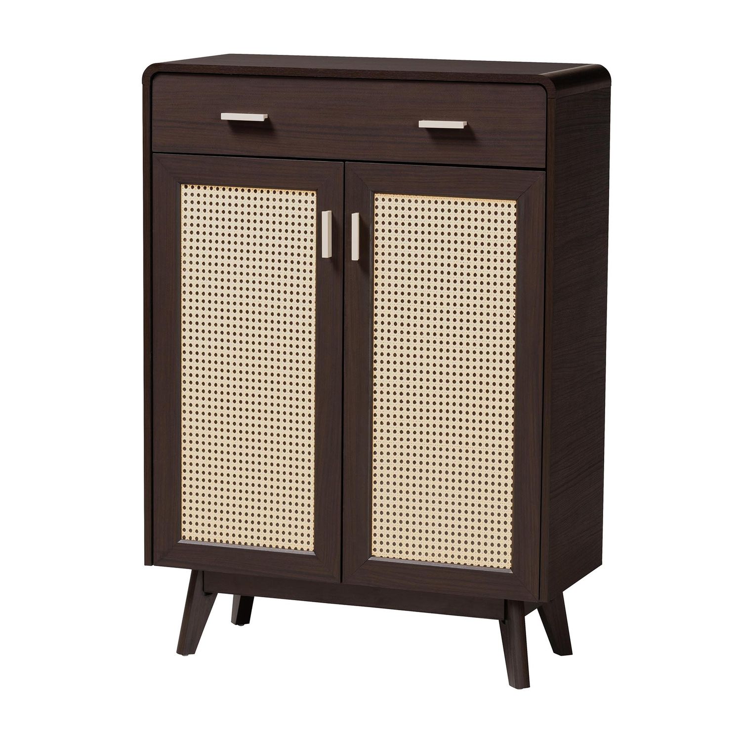 BAXTON STUDIO GIANCARLO MID-CENTURY MODERN ESPRESSO BROWN WOOD 2-DOOR SHOE CABINET WITH RATTAN DOOR