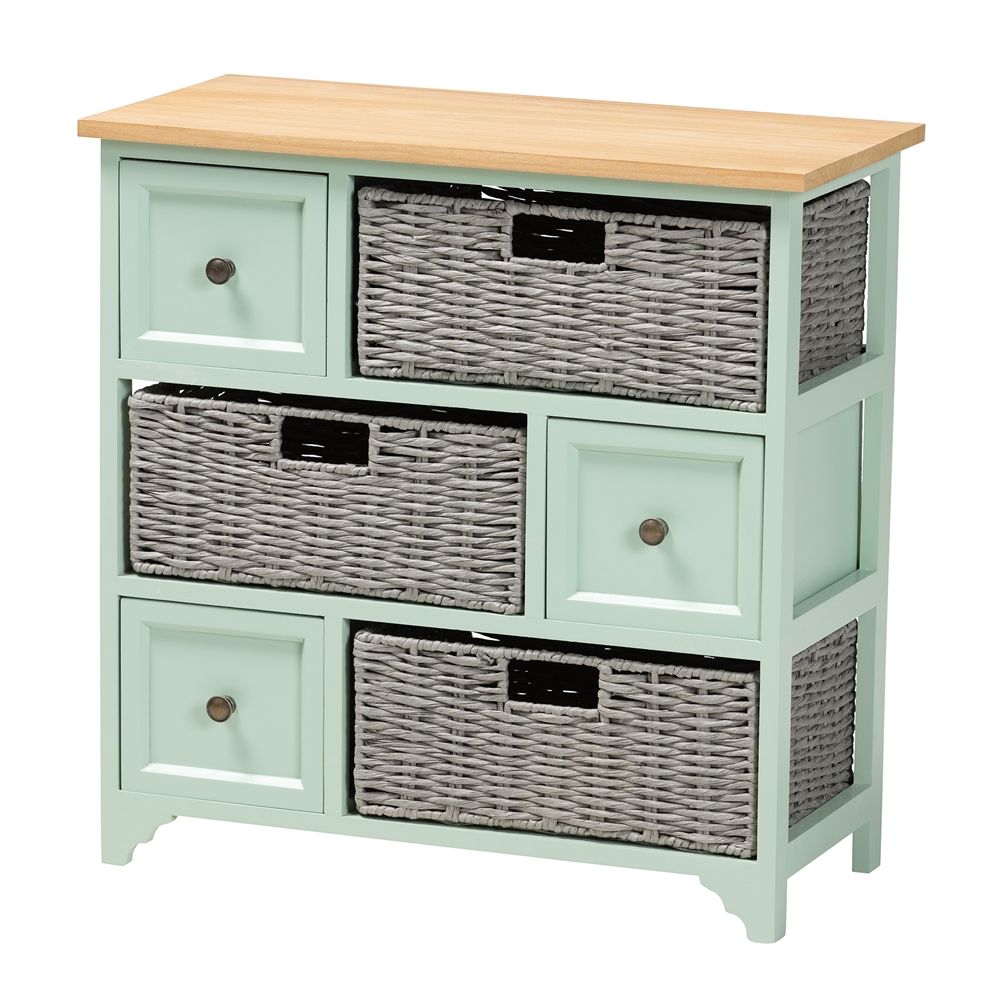 BAXTON STUDIO VALTINA MODERN AND CONTEMPORARY TWO-TONE OAK BROWN AND MINT GREEN FINISHED WOOD 3-DRAWER STORAGE UNIT WITH BASKETS
