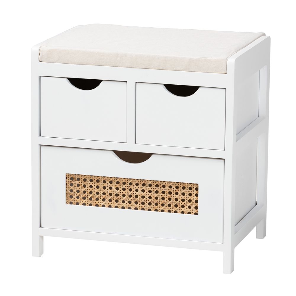 BAXTON STUDIO BASTIAN MODERN AND CONTEMPORARY LIGHT BEIGE FABRIC AND WHITE FINISHED WOOD 3-DRAWER STORAGE BENCH WITH NATURAL RATTAN