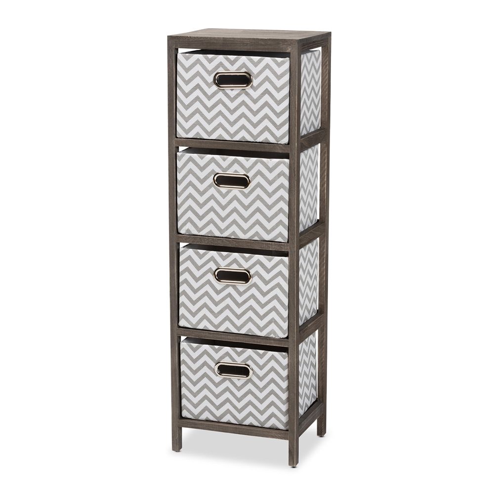 BAXTON STUDIO JORAH MODERN AND CONTEMPORARY GREY AND WHITE FABRIC UPHOLSTERED GREYWASHED WOOD 4-BASKET TALLBOY STORAGE UNIT