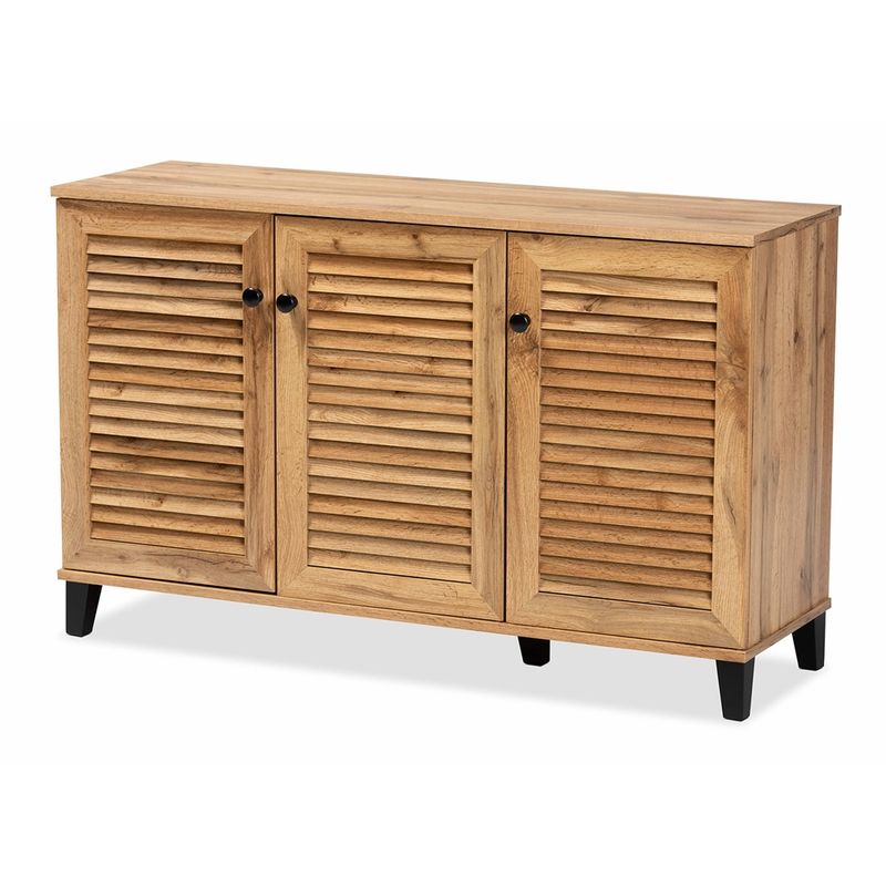 BAXTON STUDIO COOLIDGE MODERN AND CONTEMPORARY OAK BROWN FINISHED WOOD 3-DOOR SHOE STORAGE CABINET