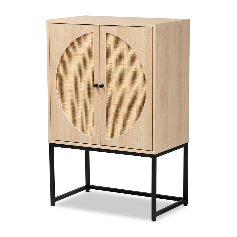 BAXTON STUDIO ARDON BOHEMIAN LIGHT BROWN FINISHED WOOD AND BLACK METAL 2-DOOR STORAGE CABINET WITH NATURAL RATTAN