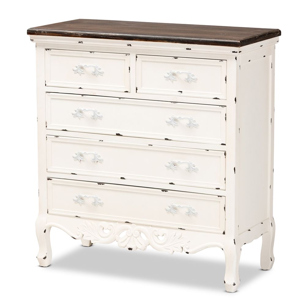 BAXTON STUDIO LEVRON CLASSIC AND TRADITIONAL TWO-TONE WALNUT BROWN AND ANTIQUE WHITE FINISHED WOOD 5-DRAWER STORAGE CABINET