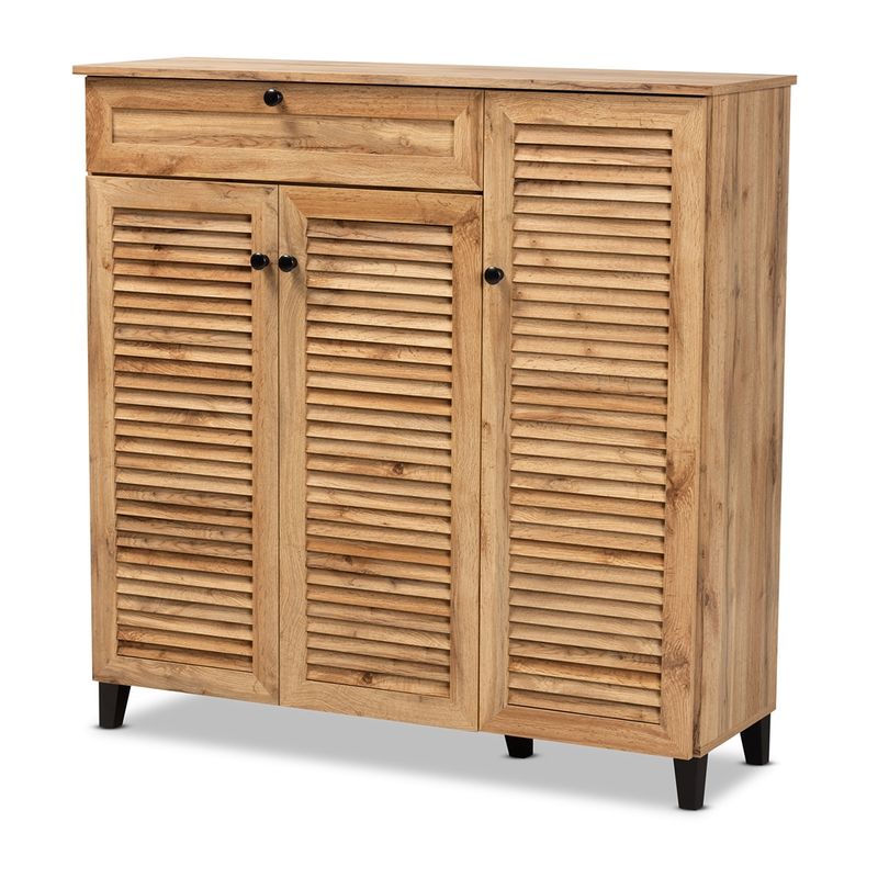 BAXTON STUDIO COOLIDGE MODERN AND CONTEMPORARY OAK BROWN FINISHED WOOD 3-DOOR SHOE STORAGE CABINET WITH DRAWER