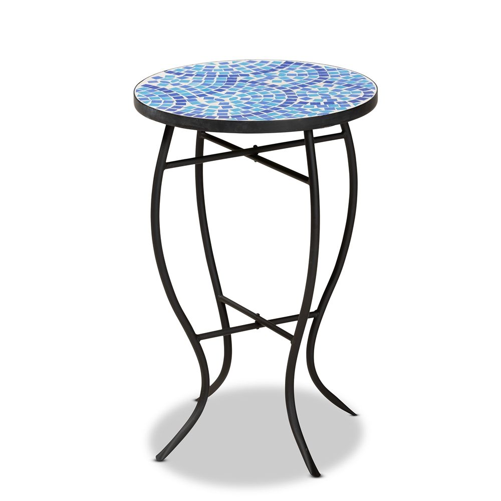 BAXTON STUDIO GAENOR MODERN AND CONTEMPORARY BLACK METAL AND BLUE GLASS PLANT STAND