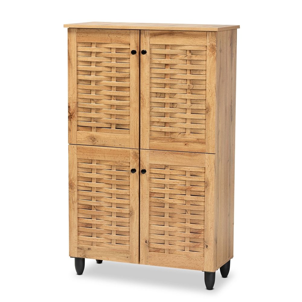 BAXTON STUDIO WINDA MODERN AND CONTEMPORARY OAK BROWN FINISHED WOOD 4-DOOR SHOE STORAGE CABINET