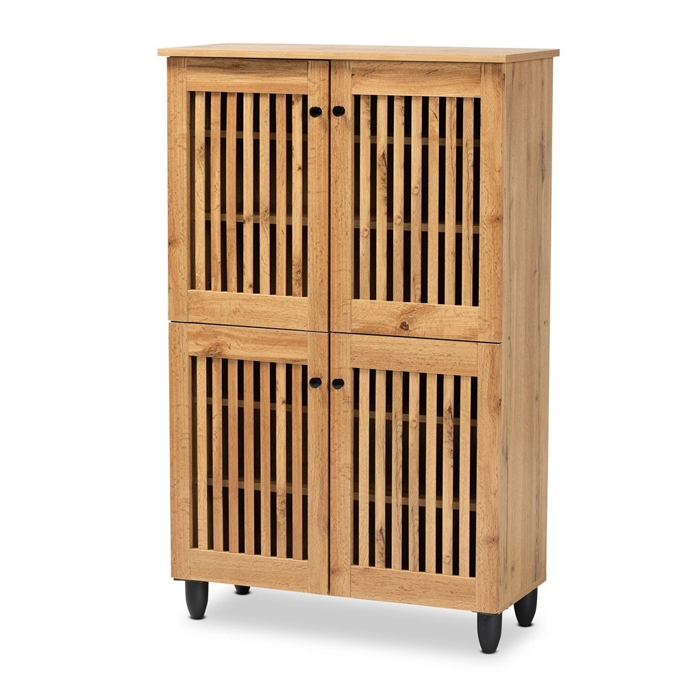 BAXTON STUDIO FERNANDA MODERN AND CONTEMPORARY OAK BROWN FINISHED WOOD 4-DOOR SHOE STORAGE CABINET