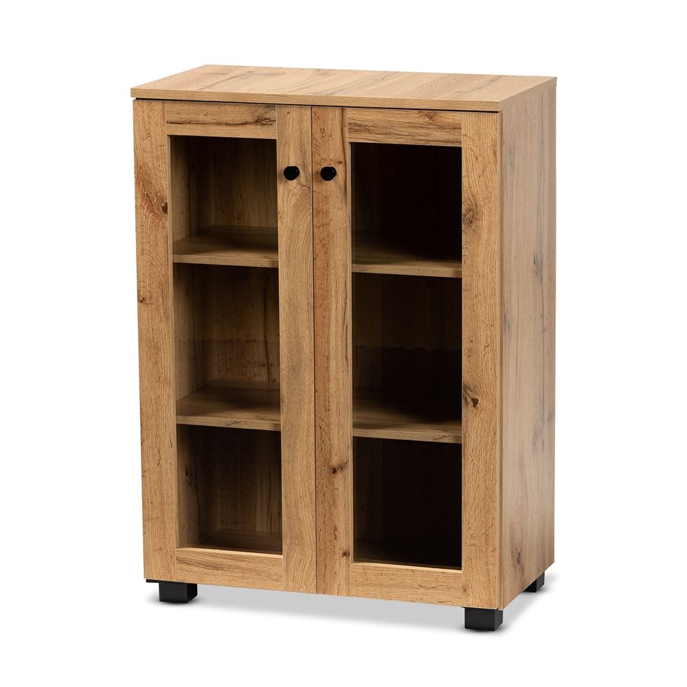BAXTON STUDIO MASON MODERN AND CONTEMPORARY OAK BROWN FINISHED WOOD 2-DOOR STORAGE CABINET WITH GLASS DOORS