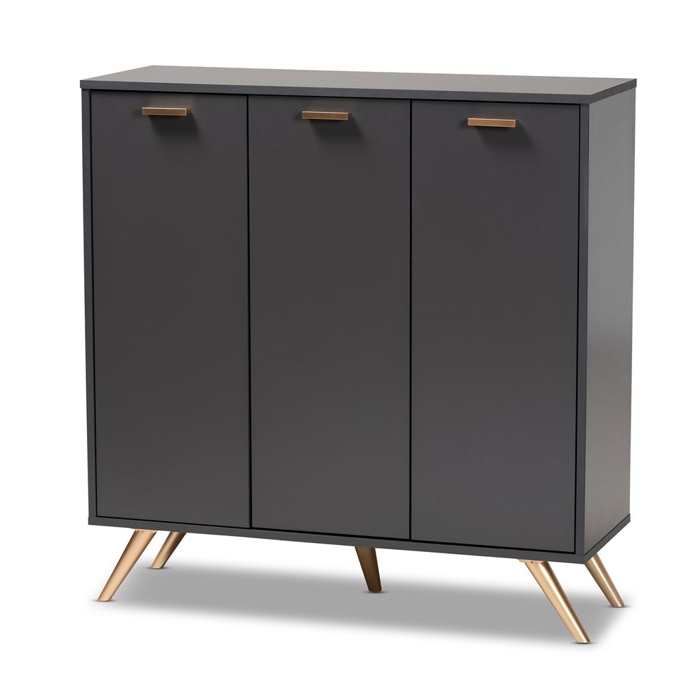 BAXTON STUDIO KELSON MODERN AND CONTEMPORARY DARK GREY AND GOLD FINISHED WOOD 3-DOOR SHOE CABINET