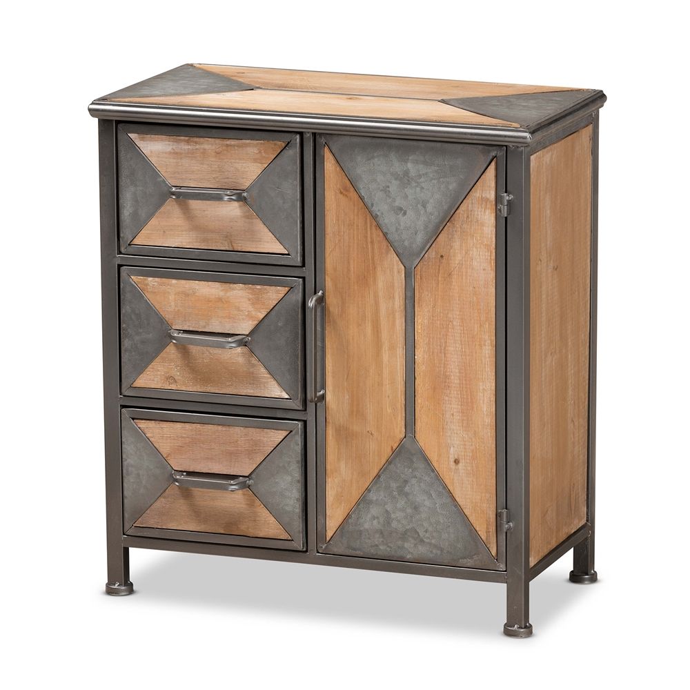 BAXTON STUDIO LAUREL RUSTIC INDUSTRIAL ANTIQUE GREY FINISHED METAL AND WHITEWASHED OAK BROWN FINISHED WOOD 3-DRAWER ACCENT STORAGE CABINET