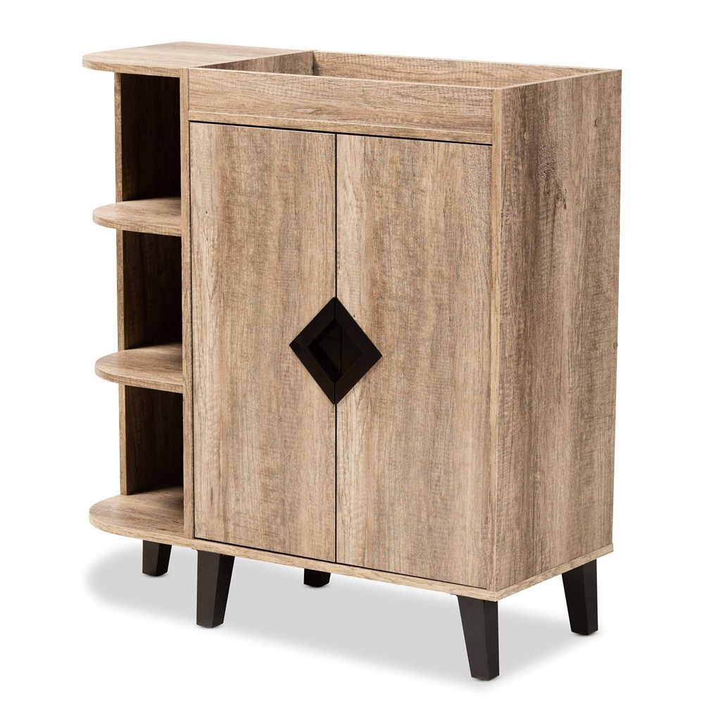 BAXTON STUDIO WALES MODERN AND CONTEMPORARY RUSTIC OAK FINISHED WOOD 2-DOOR SHOE STORAGE CABINET WITH OPEN SHELVES