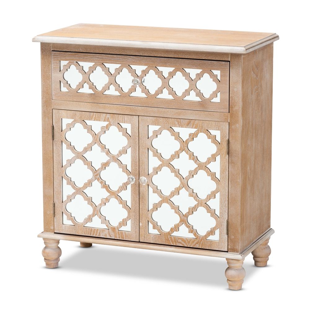 BAXTON STUDIO LEAH GLAM FARMHOUSE RUSTIC OAK BROWN FINISHED WOOD AND MIRRORED 1-DRAWER QUATREFOIL STORAGE CABINET