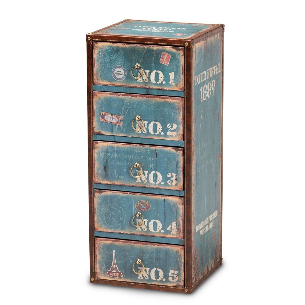 BAXTON STUDIO ALBA VINTAGE RUSTIC FRENCH INSPIRED BLUE FINISHED WOOD 5-DRAWER ACCENT STORAGE CABINET
