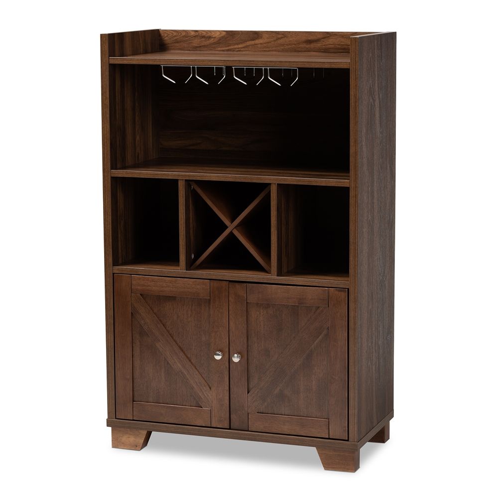 BAXTON STUDIO CARRIE TRANSITIONAL FARMHOUSE WALNUT BROWN FINISHED WOOD WINE STORAGE CABINET