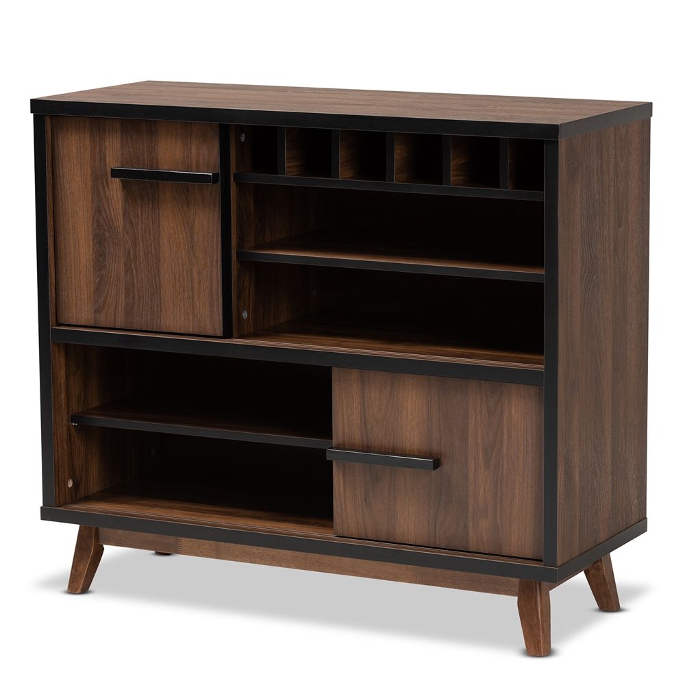 BAXTON STUDIO MARGO MID-CENTURY MODERN TWO-TONE WALNUT BROWN AND BLACK FINISHED WOOD WINE STORAGE CABINET