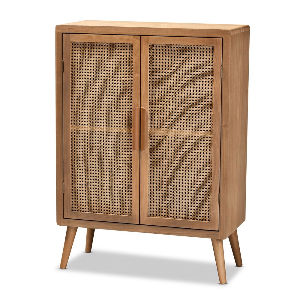 BAXTON STUDIO ALINA MID-CENTURY MODERN MEDIUM OAK FINISHED WOOD AND RATTAN 2-DOOR ACCENT STORAGE CABINET