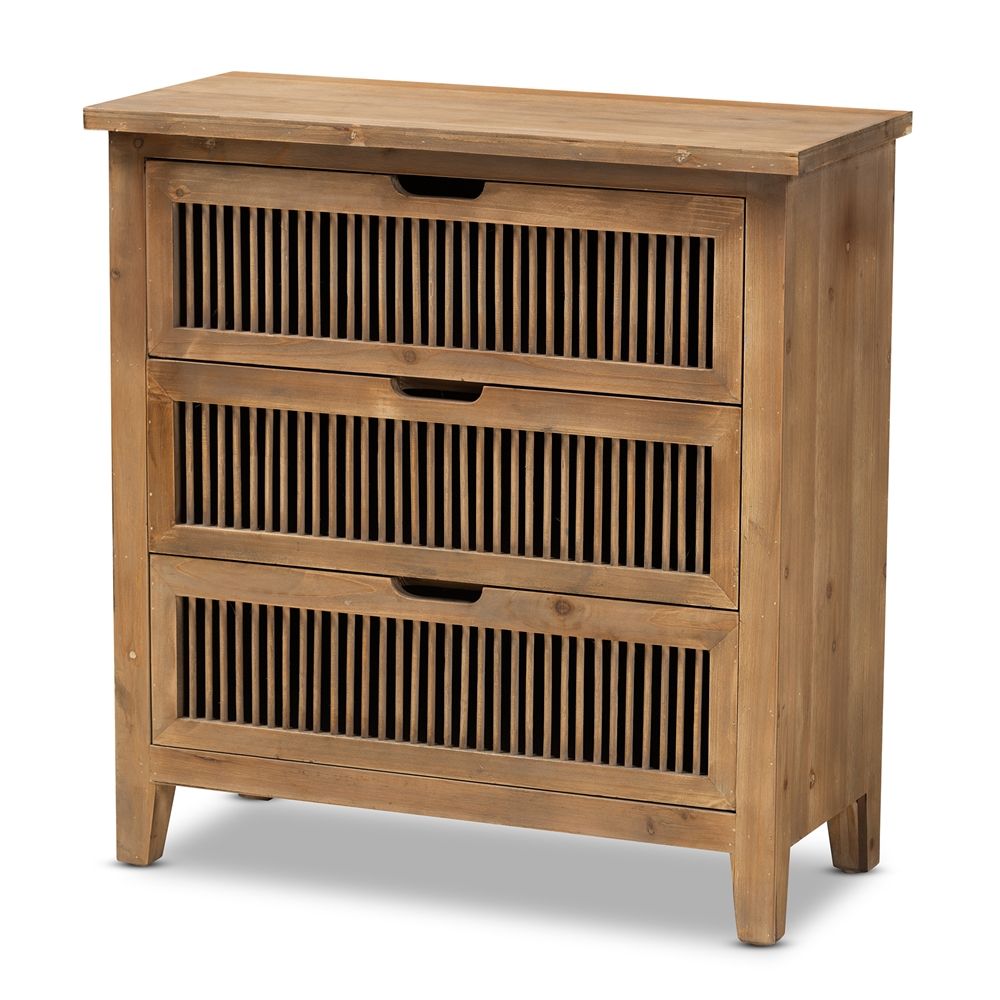BAXTON STUDIO CLEMENT RUSTIC TRANSITIONAL MEDIUM OAK FINISHED 3-DRAWER WOOD SPINDLE STORAGE CABINET