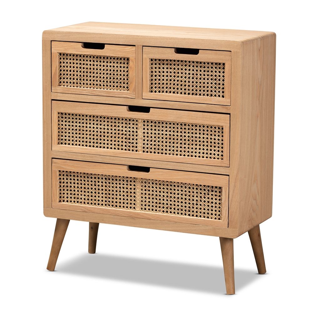 BAXTON STUDIO ALINA MID-CENTURY MODERN MEDIUM OAK FINISHED WOOD AND RATTAN 4-DRAWER ACCENT STORAGE CABINET