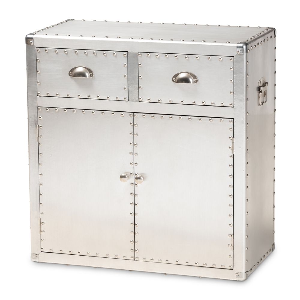 BAXTON STUDIO SERGE FRENCH INDUSTRIAL SILVER METAL 2-DOOR ACCENT STORAGE CABINET