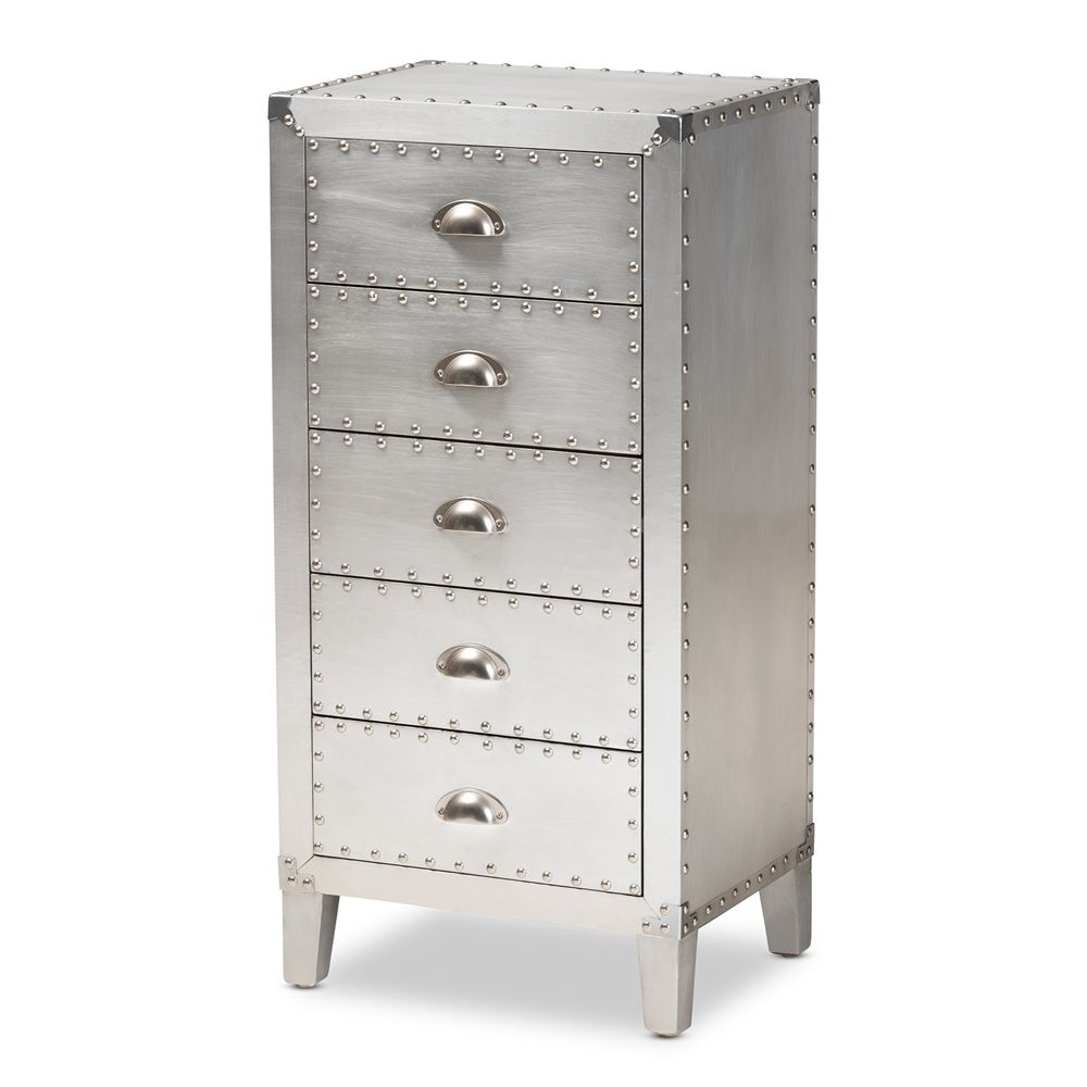 BAXTON STUDIO CAREL FRENCH INDUSTRIAL SILVER METAL 5-DRAWER ACCENT STORAGE CABINET